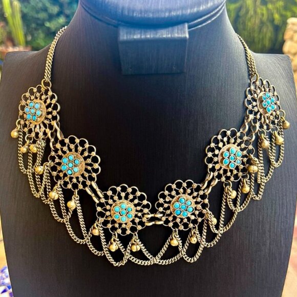 Vintage Middle Eastern Ethnic Belly Dance Festoon Medallion Necklace - Picture 1 of 13